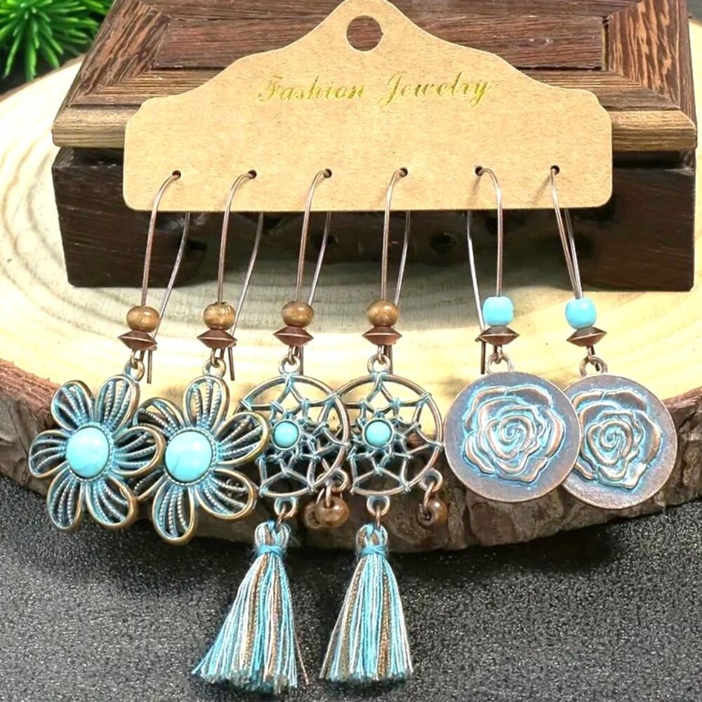 Earrings Turquoise Tassel 3pr Dangle Gypsy Boho Hippie Southwest Stylish Trendy